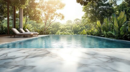 Wall Mural - Luxurious Outdoor Pool with Marble Deck Surrounded by Lush Greenery and Sun Loungers in a Tropical Setting