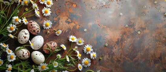 Canvas Print - Easter backdrop featuring Easter eggs and chamomile flowers Top view with copy space