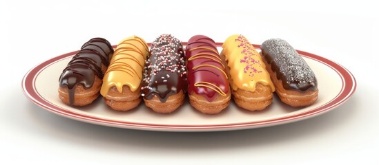 Sticker - Plate with assorted glazed eclairs set against a white background. Copy space image. Place for adding text and design