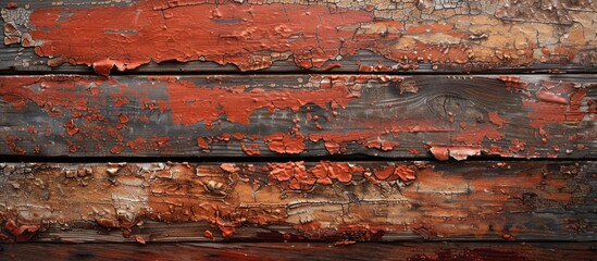Poster - Brown old wood painted in a dark red hue is peeling away revealing the wood grain and various colors underneath. Copy space image. Place for adding text and design