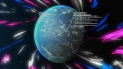 Poster - Planet Earth with coding text over colorful light streaks in space animation