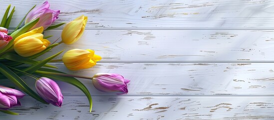 purple and yellow tulips on a white rustic wooden surface background for valentine s day and mother 