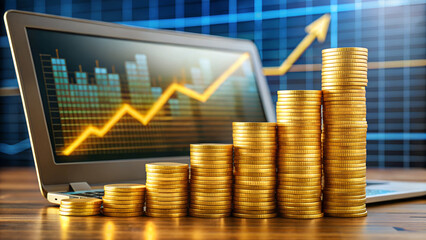 Financial growth chart with ascending stacks of coins, symbolizing money investment technology background