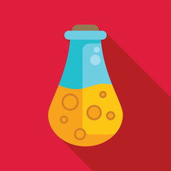 Poster - Cartoon illustration of a glass flask filled with a bubbling yellow liquid, set on a red background
