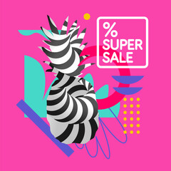 Poster - Super summer sale. Abstract background with pineapple and geometric shapes. Vector illustration