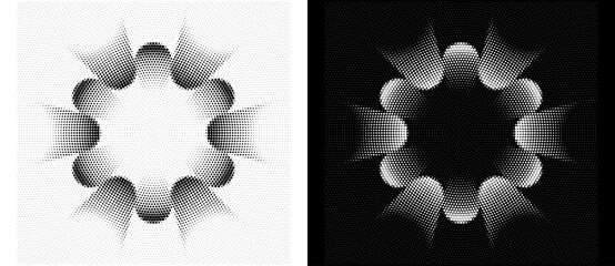 Fototapete - Halftone shape as icon or background. Abstract floral vector with dots as logo or emblem. Black shape on a white background and the same white shape on the black side.