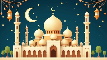 Eid Mubarak Mosque with Lanterns and Crescent Moon