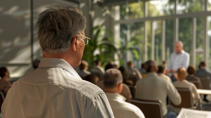 photorealistic image portraying a middle aged man running a workshop or presentation to a group of people, generative ai