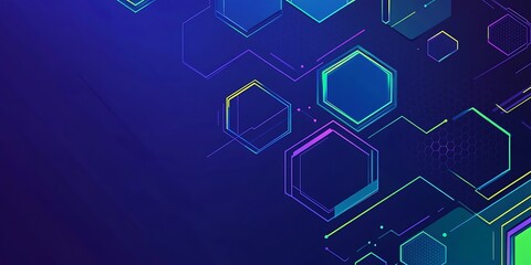 Poster - Abstract background with blue and purple hexagons in a flat design style, vector illustration with yellow lines on a dark navy blue background, simple geometric shapes for a technology or business