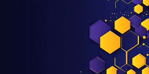 Wall Mural - Abstract background with blue and purple hexagons in a flat design style, vector illustration with yellow lines on a dark navy blue background, simple geometric shapes for a technology or business