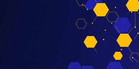 Poster - Abstract background with blue and purple hexagons in a flat design style, vector illustration with yellow lines on a dark navy blue background, simple geometric shapes for a technology or business