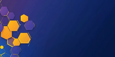 Poster - Abstract background with blue and purple hexagons in a flat design style, vector illustration with yellow lines on a dark navy blue background, simple geometric shapes for a technology or business