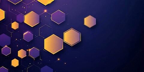 Poster - Abstract background with blue and purple hexagons in a flat design style, vector illustration with yellow lines on a dark navy blue background, simple geometric shapes for a technology or business