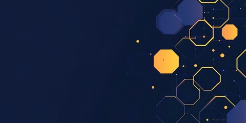 Poster - Abstract background with blue and purple hexagons in a flat design style, vector illustration with yellow lines on a dark navy blue background, simple geometric shapes for a technology or business