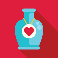 Poster - blue bottle with a heart hanging on it on a red background, perfect for valentine's day projects