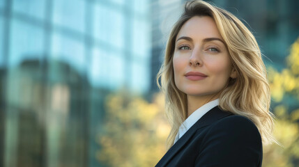 Wall Mural - Portrait of a beautiful blonde caucasian european woman in suit outdoors with a blurry business center in backdrop