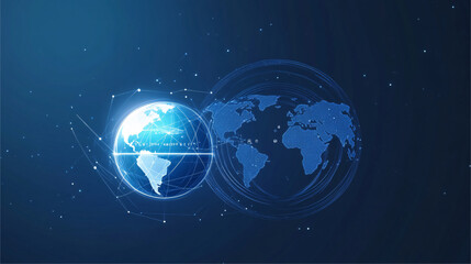 Vector-style loading screen featuring stylized globe with search bar overlay, connecting lines around globe, clean modern design, bright blue and white color palette, subtle motion effect