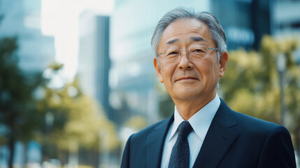 Wall Mural - Portrait of a mature middle-aged Asian man in suit outdoors with a blurry business center in backdrop