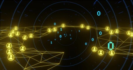 Poster - Binary code and network connections over digital tunnel animation