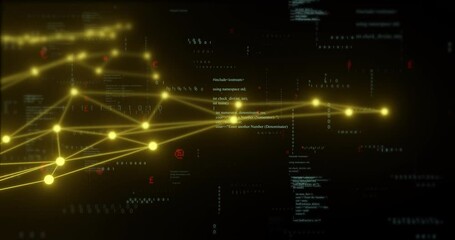 Poster - Network connections and data processing animation over dark background with code