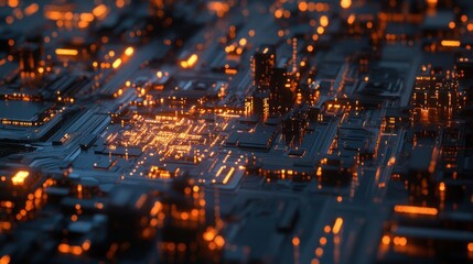 Poster - Circuit Board Close-up, Glowing Orange Lights