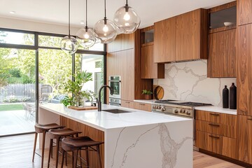 Interior of modern kitchen with gray and wooden walls, concrete floor, white countertops with built in sink and bar with stools