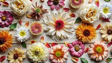 Colorful assortment of flowers arranged on a wooden surface for decorative purposes