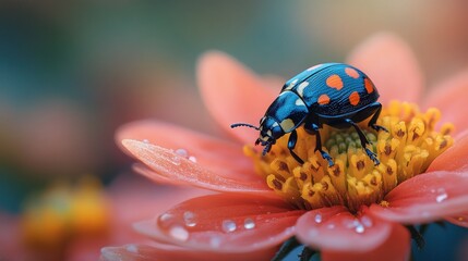 Wall Mural - A colorful beetle perched on a vibrant flower.