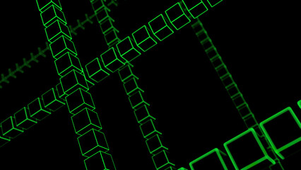 Poster - Abstract silhouettes of small cubes in row isolated on a black background. Design. Flying 3d rows of crossed cubes.