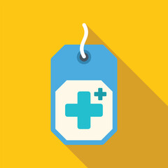 Wall Mural - Blue medical tag with a white cross symbol on a yellow background representing healthcare