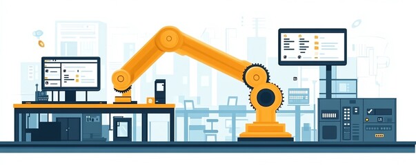Poster - Automation in industrial business processes, showcasing workflow optimization with checkboxes and visual elements of enhanced efficiency and productivity
