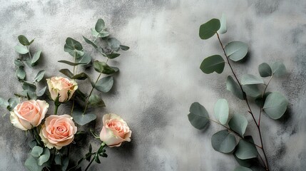 Sticker - The arrangement showcases elegant roses alongside eucalyptus, elegantly displayed on a modern concrete surface for a chic look. Generative AI