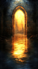 Poster - A painting of a tunnel with a golden archway. The painting is dark and moody, with the light shining through the archway