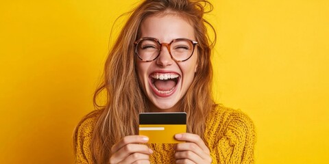 Ecstatic Young Woman Celebrating Financial Windfall: happy Laughter with Bank Card in Hand. Abstract Background Symbolizes Success, Reward for Hard Work, and Inclusive Corporate Culture. AI-Generated