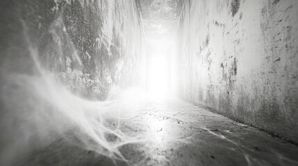 Poster - A long, narrow, empty hallway with a white wall. The hallway is filled with a white fog, giving it a mysterious and eerie atmosphere