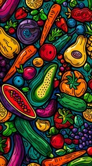 Wall Mural - colorful fruit and vegetable pattern illustration poster background