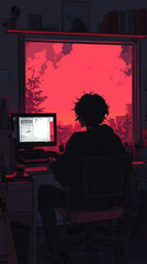 Poster - A man is sitting at a desk with a computer monitor in front of him. The room is dimly lit and the man is focused on his work. Concept of solitude and concentration