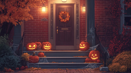 A house with a wreath on the door and a row of pumpkins on the steps. The pumpkins are orange and have a spooky look to them