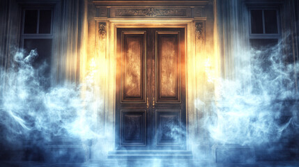 Poster - A door is shown in a foggy, misty atmosphere. The door is wooden and has a golden hue. The fog is thick and the light is shining through it, creating a mysterious and eerie mood