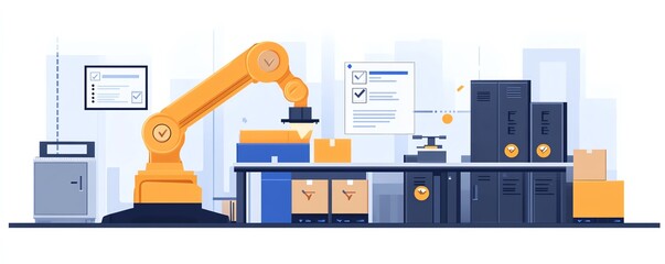 Poster - Concept of automation in industrial processes, showcasing workflow optimization with checkboxes and detailed visuals of streamlined business operations