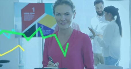 Poster - Green line graph animation over business people working in modern office