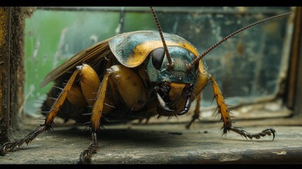 Wall Mural - Close-up of a colorful insect on a textured surface.