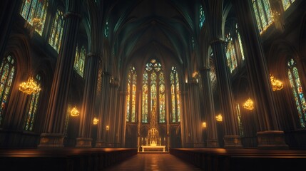 Interior of a grand church with stained glass windows, wooden pews, and ornate chandeliers.