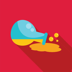 Poster - round bottom flask spilling yellow chemical liquid icon in flat style on a red background