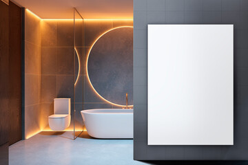 Poster - Modern glowing neon bathroom interior with mock up banner on wall. Hotel interiors concept. 3D Rendering.