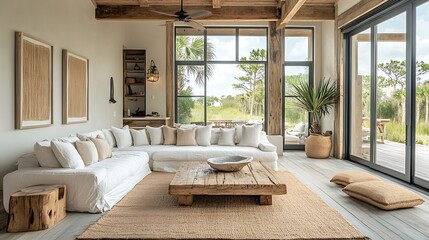 Wall Mural - A cozy coastal living room with driftwood furniture, muted coastal-colored cushions, and rustic driftwood decor, large windows providing soft natural light, creating a warm and inviting atmosphere,