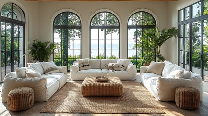 Wall Mural - A cozy, sunlit living room with wicker sofas, a woven rug, and nautical throw pillows, large windows offering an ocean view, creating a bright and welcoming coastal retreat, hd quality, natural look.