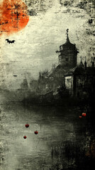 A painting of a town with a castle and a large red sun. The sky is dark and the sun is setting. There are three apples floating in the water