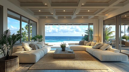 A seaside chic living room with elegant furniture in coastal patterns, soft lighting creating a warm glow, and a blend of modern and vintage decor, large windows offering a view of the ocean,