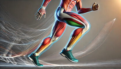 Image showing activation of quadriceps, hamstrings, calf muscles during running. sequential contraction, relaxation of these muscles as leg moves through gait cycle, from heel strike to toe-off.